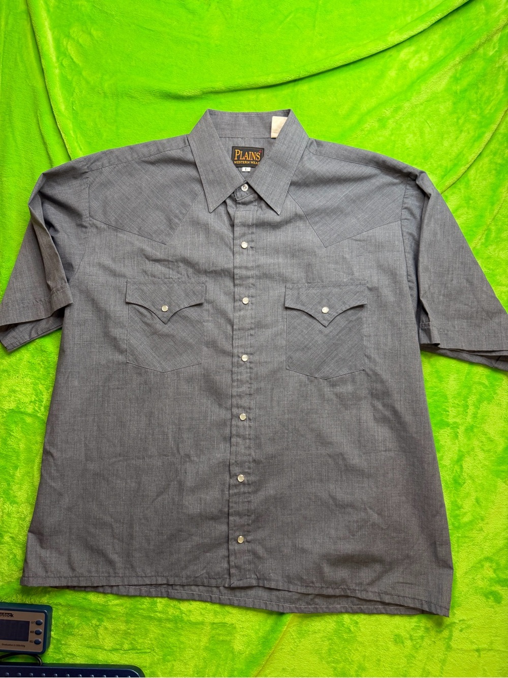 Plains Western Wear Gray Chambray Pearl Snap Shirt Sz L Short Sleeve